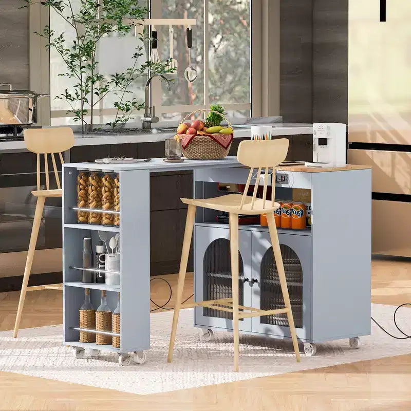 Isola da Cucina con Ruote e 2 Ante in Vetro, Carrello da Cucina con Tavolo Estensibile e Prese di Corrente, Isola da Cucina con Ripiani Laterali Aperti