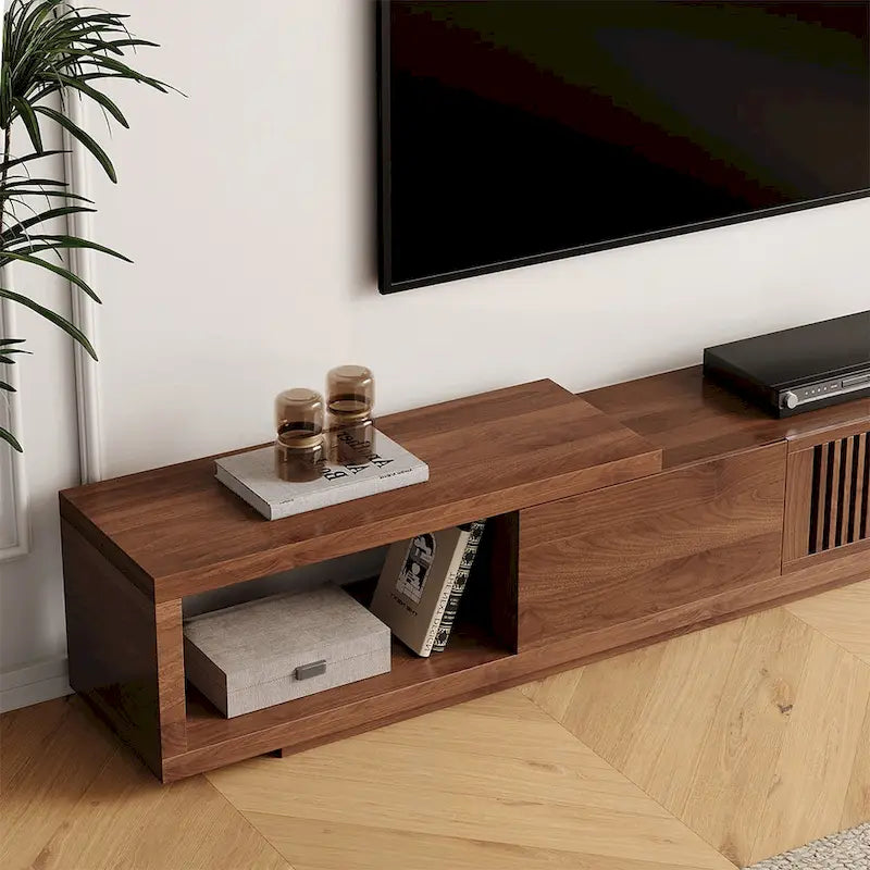Mobile TV moderno allungabile e retrattile con 4 cassetti, fino a 261 cm - 78,54P x 15,74L x 13,78A