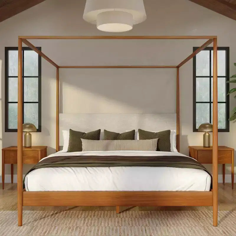 Letto a baldacchino Harbor King con testiera imbottita, biondo/Swiss Coffee (MD2411-01)