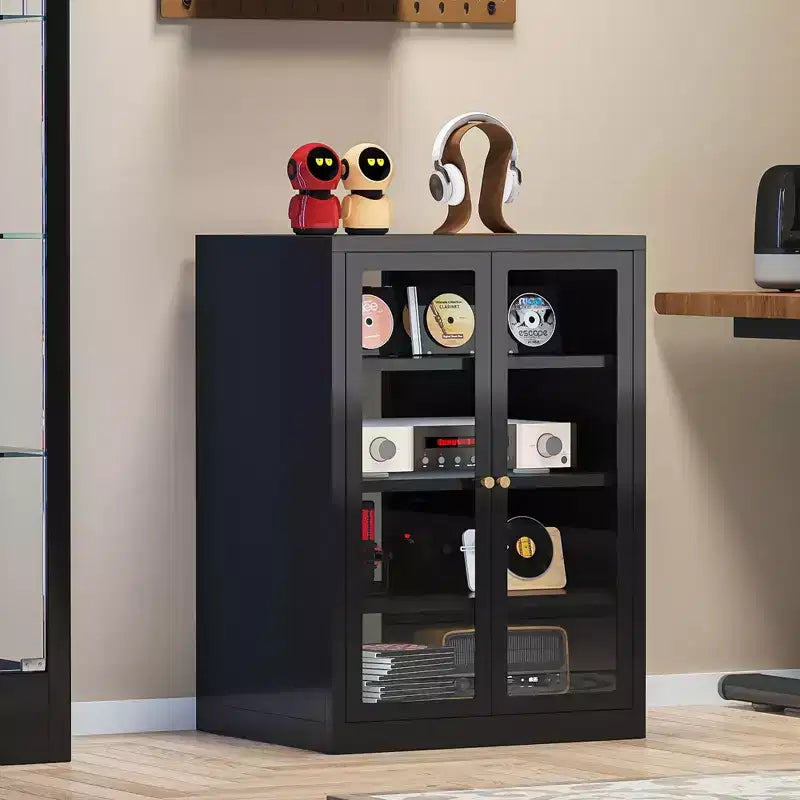 Meuble de rangement pour médias Bekrvio Metal, meuble stéréo à 4 niveaux avec portes en verre et étagères réglables, support audio AV avec gestion des câbles