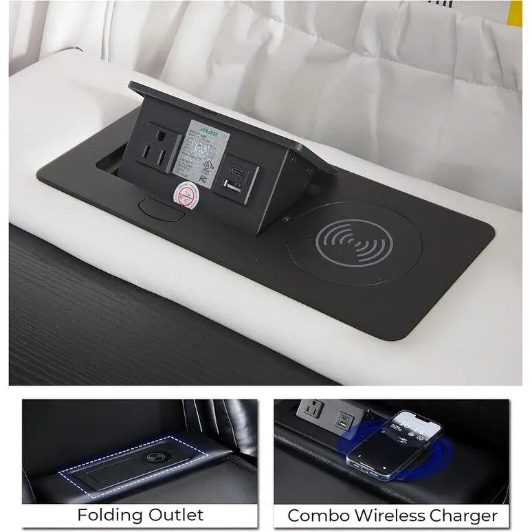 Divano Reclinabile Elettrico con Caricatore Wireless, Luce da Lettura per Soggiorno, Luce LED in Similpelle, Porta AC/USB, Portabicchieri, Nero