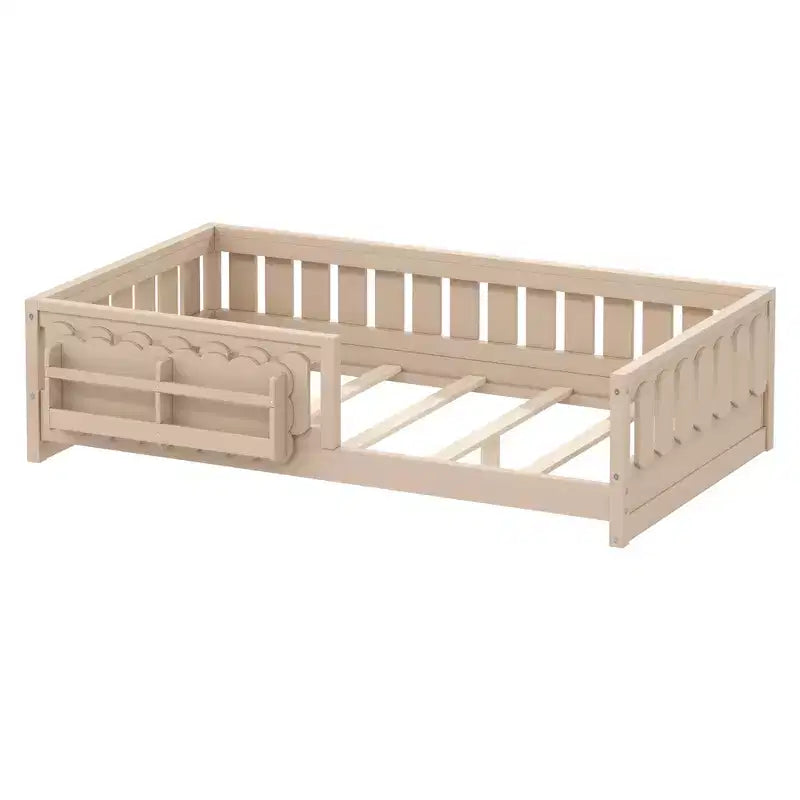 Struttura letto a piattaforma per bambini di dimensioni Twin e Full con sponda di protezione, librerie integrate e ripiani portaoggetti