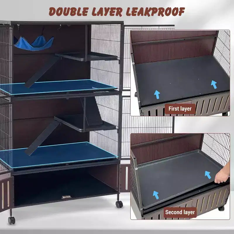 Gabbia per animali di piccola taglia, Gabbia per furetti - Habitat a 5 livelli da 150 cm con mobiletto, include amaca/ruote/rampe rimovibili/vassoi facili da pulire