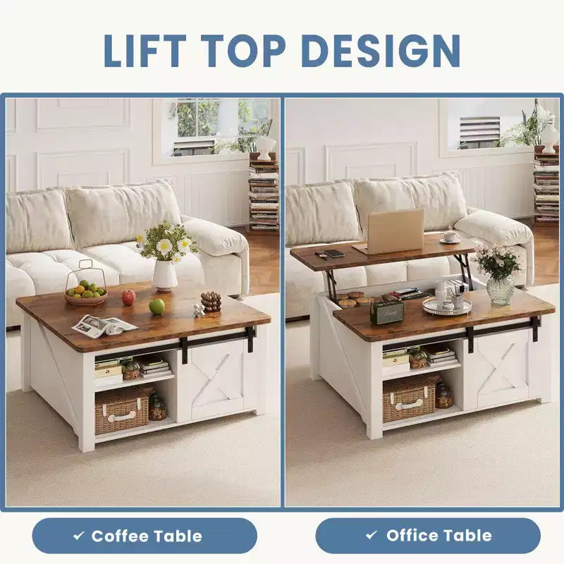JIONJOY 31.5 Tavolino da Caffè con Piano Sollevabile, Ampio Vano Contenitore Nascosto, Scaffali Regolabili, Tavolo Centrale Quadrato in Stile Rustico per Soggiorno, Piccoli Spazi