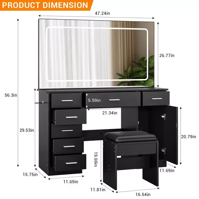 Coiffeuse moderne avec grand miroir, 7 tiroirs, lumières LED, chaise, 3 modes d'éclairage, support pour sèche-cheveux et station de recharge pour chambre à coucher