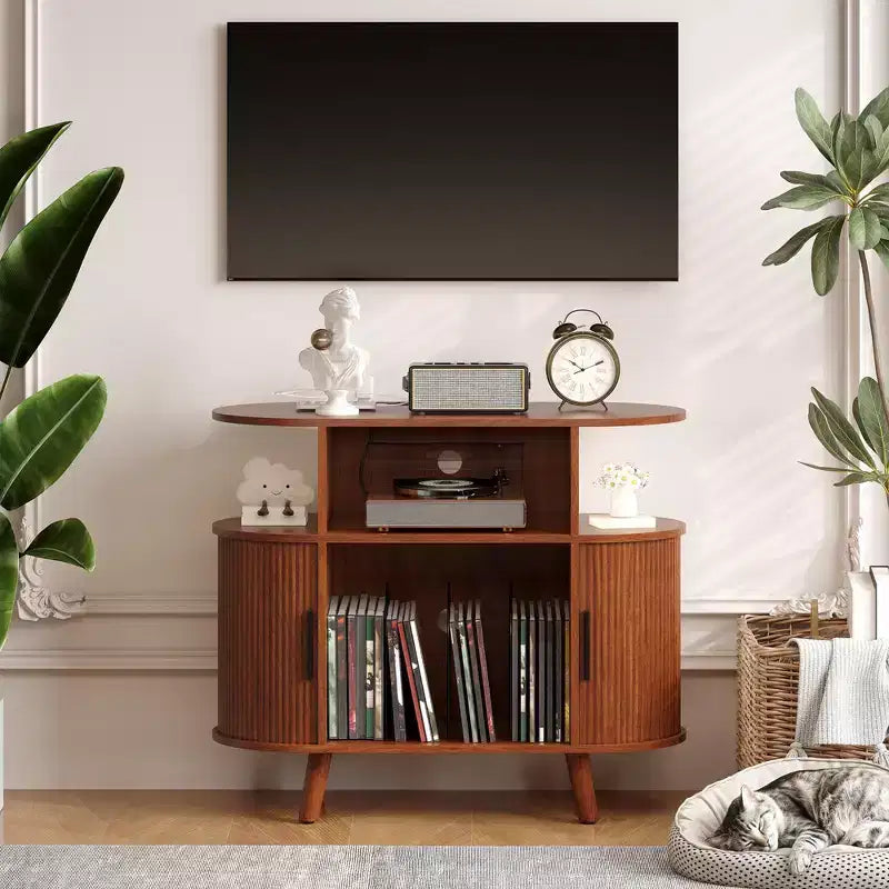 Mobile portadischi moderno di metà secolo, scaffale in legno per giradischi, mobile aperto per vinili, per soggiorno, camera da letto