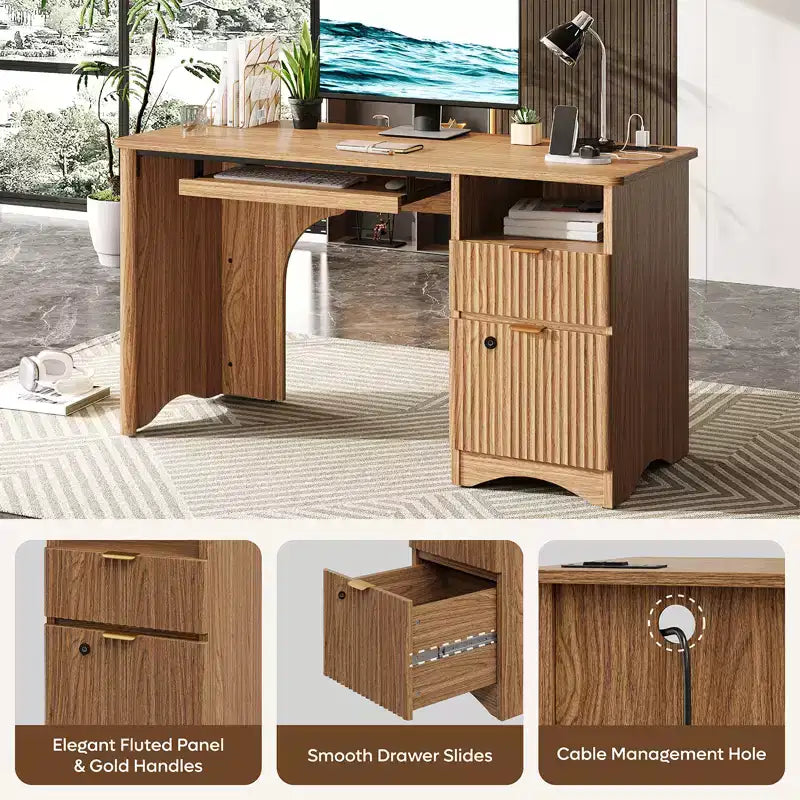 Scrivania Smart Bestier 55 per computer, scrivania da scrittura in rovere con cassetti portadocumenti e presa di corrente, scrivania direzionale con vani a giorno e vassoio per tastiera