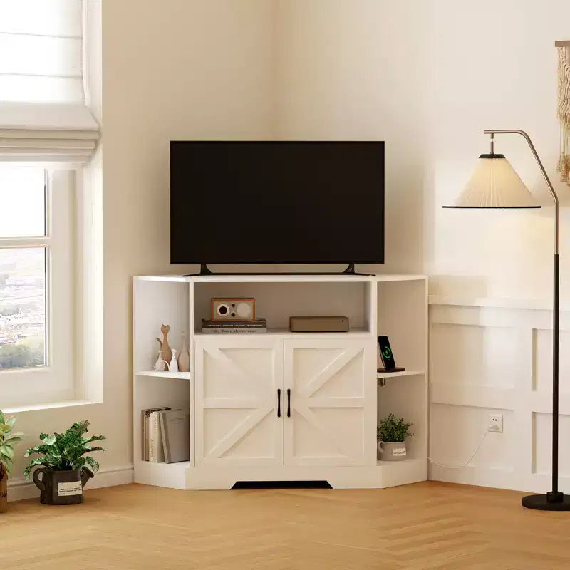 Mobile porta TV ad angolo per televisori fino a 55", console multimediale stile rustico con anta scorrevole a granaio, ripiani aperti e mobiletto, bianco