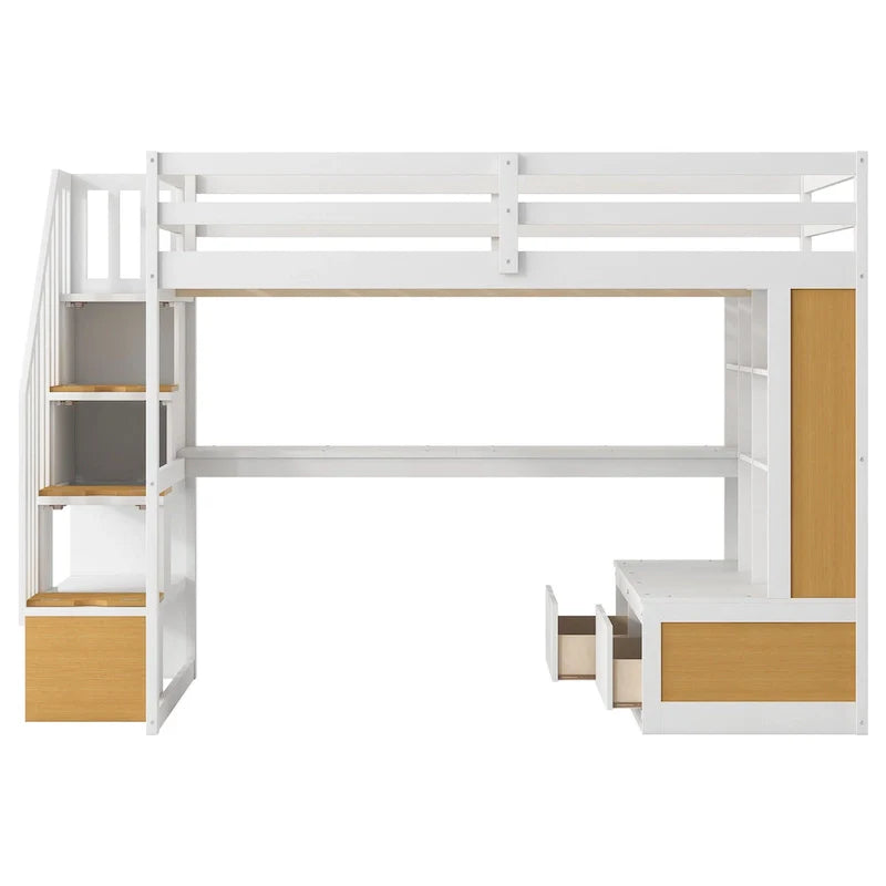Letto a soppalco in legno massello naturale + bianco con scrivania e cassetti