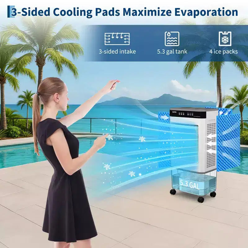 Raffrescatore Evaporativo con Serbatoio dell'Acqua, 4 Sacchetti di Ghiaccio, 3 Velocità, Oscillazione di 120°, Telecomando e Timer di 12 Ore, 150W Portatile da Pavimento
