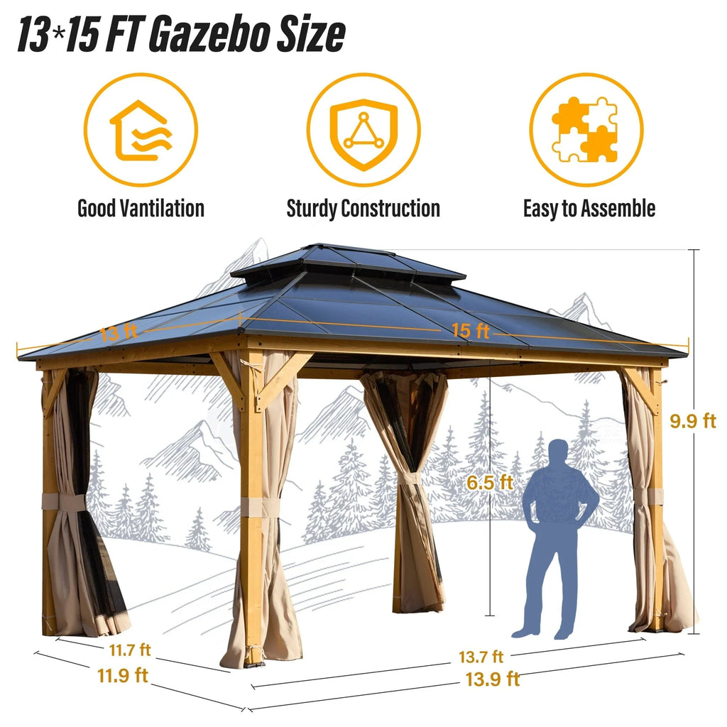 EROMMY Gazebo a tetto rigido, Pergola da esterno con doppio tetto, zanzariere e tende, Tenda da sole resistente per patio, cortile, feste in piscina