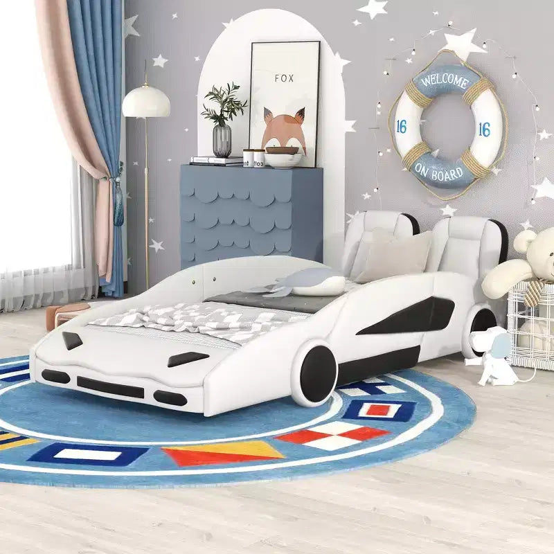 Letto a piattaforma a forma di auto da corsa Whisen Wood, formato singolo, con LED e schienale imbottito