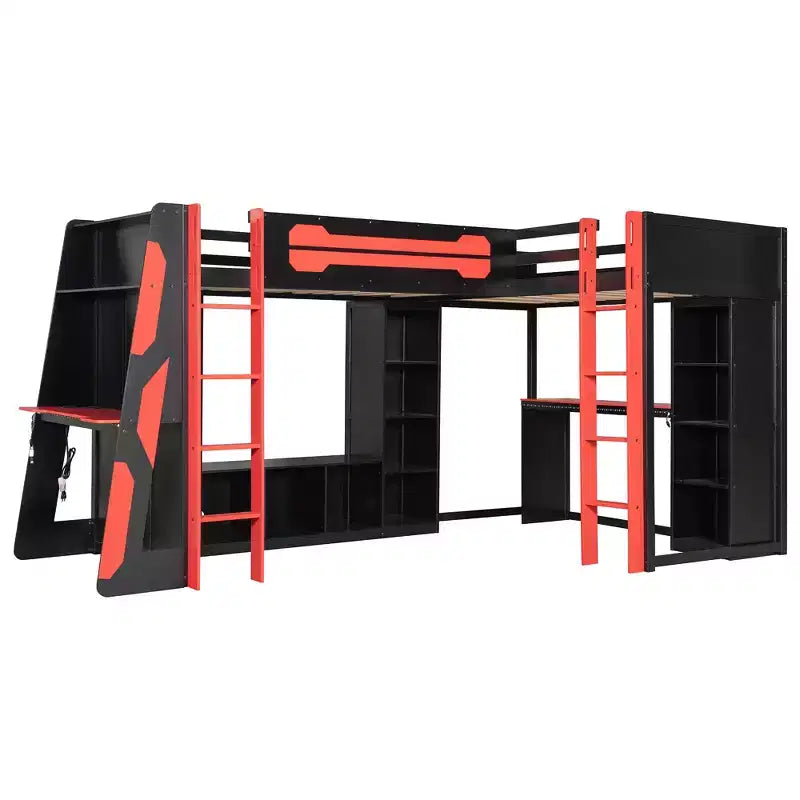 Letto a soppalco a L da gaming con scrivanie, letti a soppalco doppi con luci LED, porte USB, scaffali portaoggetti, letto a soppalco ad angolo in legno per 2