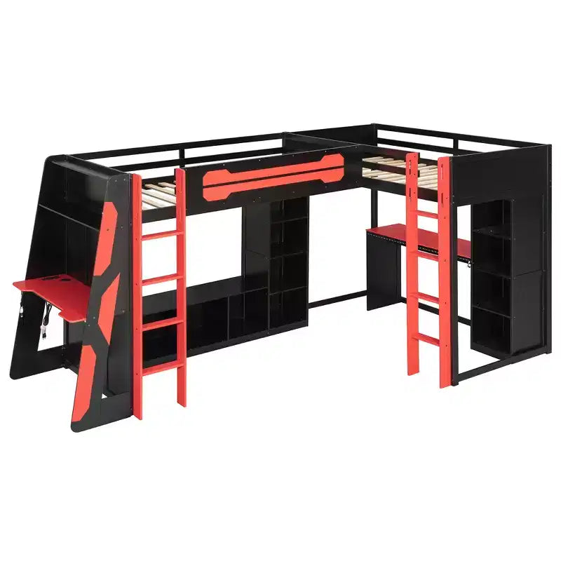Letto a soppalco a L da gaming con scrivanie, letti a soppalco doppi con luci LED, porte USB, scaffali portaoggetti, letto a soppalco ad angolo in legno per 2