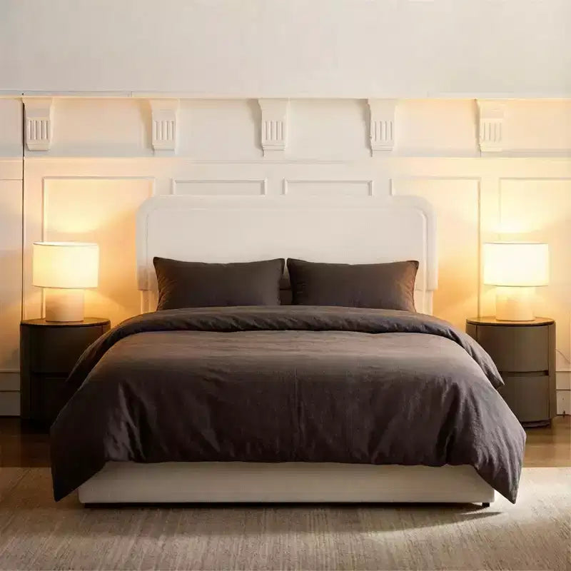 Letto Queen Size Moderno Rivestito in Bouclé con Cassetti Contenitore