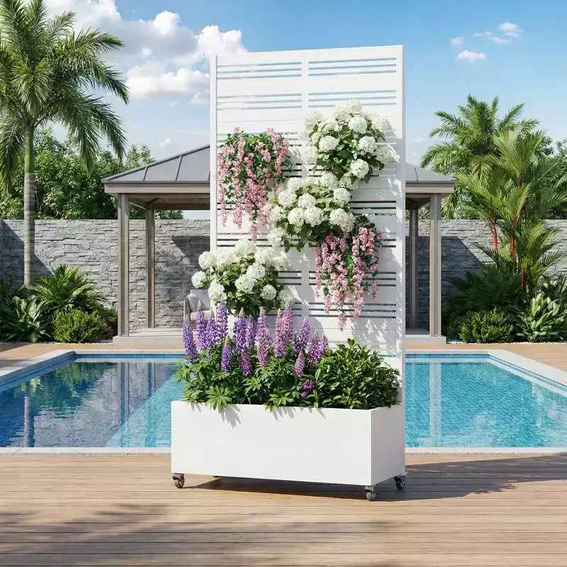 Fioriera rettangolare in ferro battuto bianco MAYEERTY con traliccio (Harold Wide-Narrow B Louvered), 72x35x16, 5 pezzi, decorazione per giardino interno ed esterno