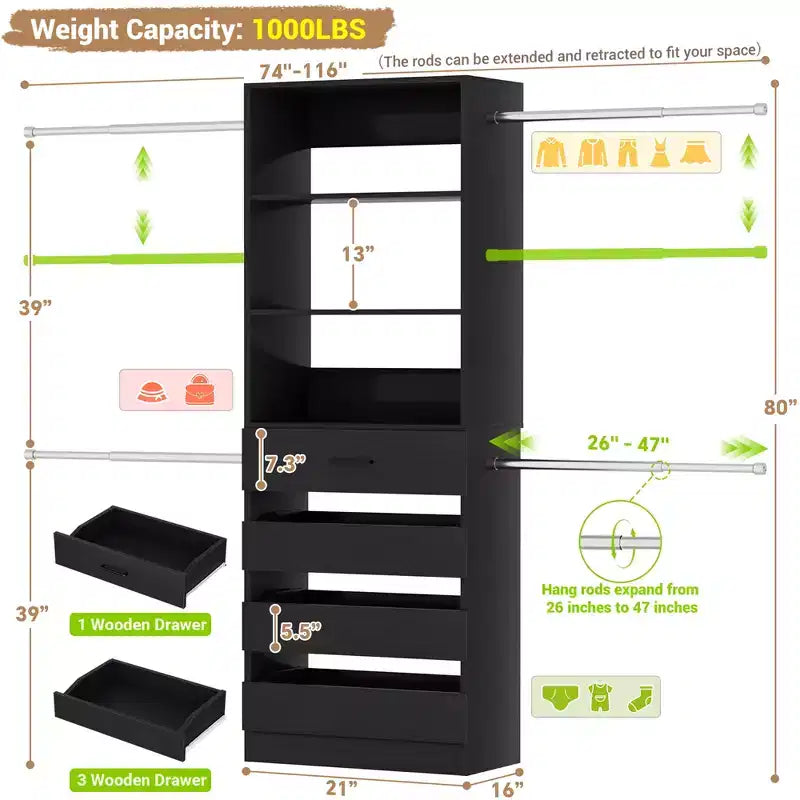 Besiost Sistema Organizer per Armadio in Legno 4-9 piedi con 4 Cassetti, 4 Aste Appendiabiti e Torri Scaffale