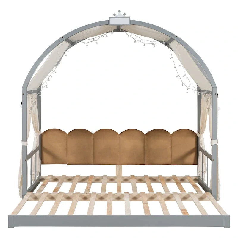 Letto a piattaforma in legno massiccio a forma di casetta, letto Montessori a terra con tetto ad arco e letto estraibile per bambine e bambini