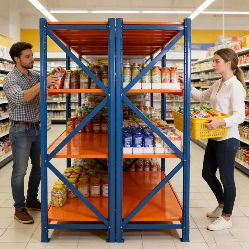 Scaffali per garage VIYET per impieghi gravosi, scaffalature in metallo regolabili a 4 ripiani con capacità di 2000 kg, stoccaggio industriale blu e arancione per negozio commerciale/attrezzi/palestra