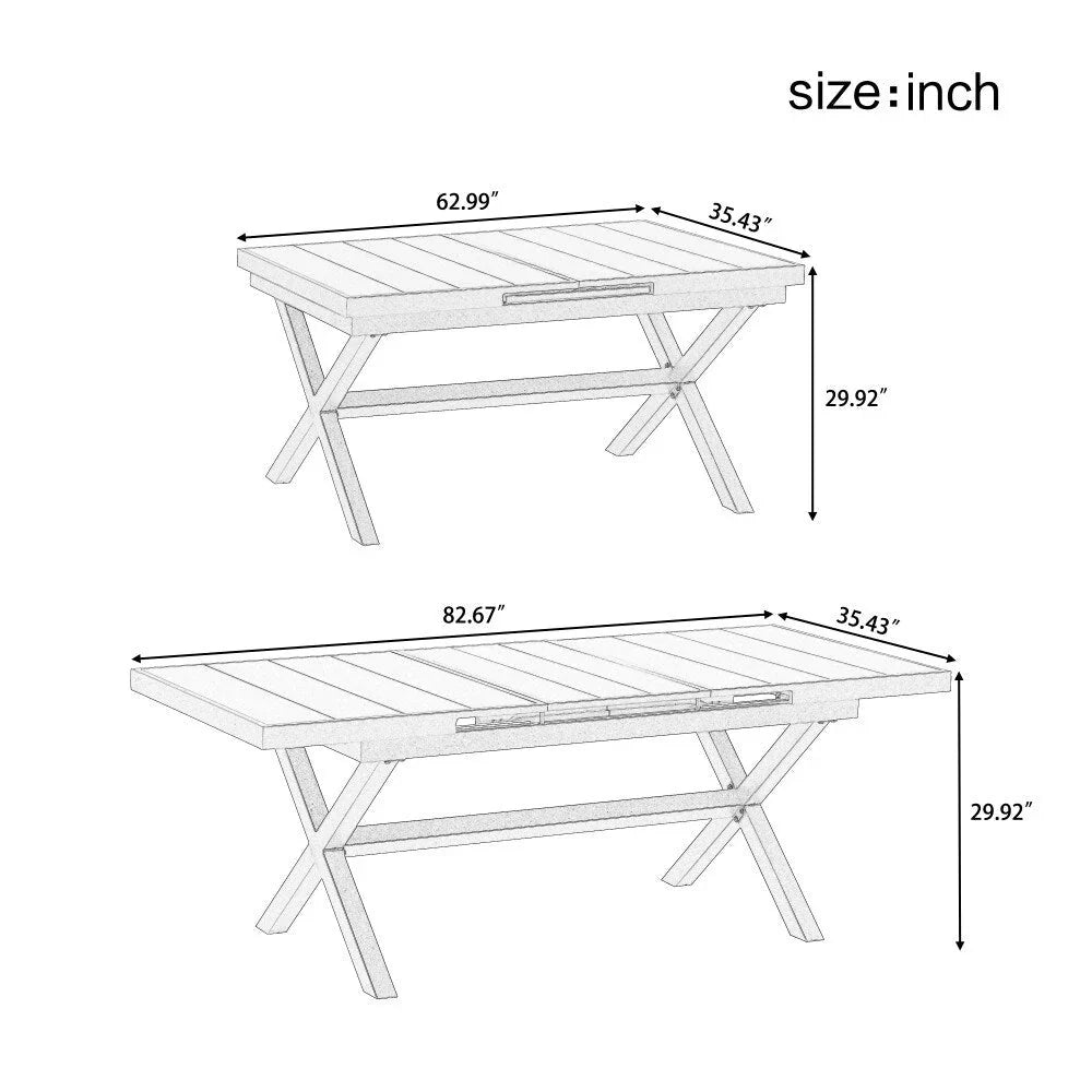Set da pranzo da esterno moderno da 7 pezzi con sei sedie e un tavolo allungabile per patio