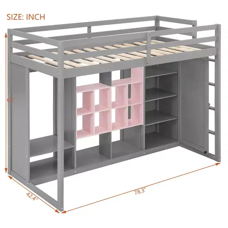 Letto a soppalco per bambini con armadio e mensole, Struttura in legno per letto a soppalco con mobiletto contenitore per bambini e ragazzi