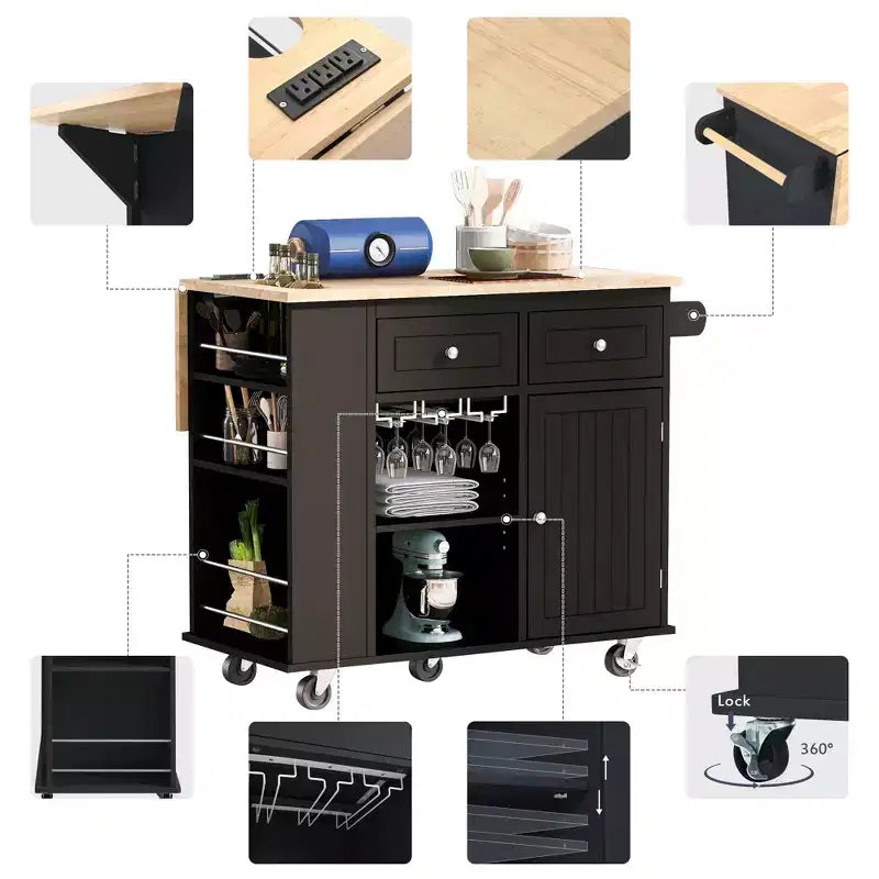 Isola da Cucina Mobile con Presa di Corrente, Piano Ribaltabile e Top in Legno di Gomma