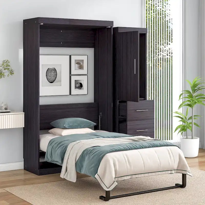 Letto Murphy pieghevole grigio con armadio e 3 cassetti, matrimoniale/singolo, 1 persona
