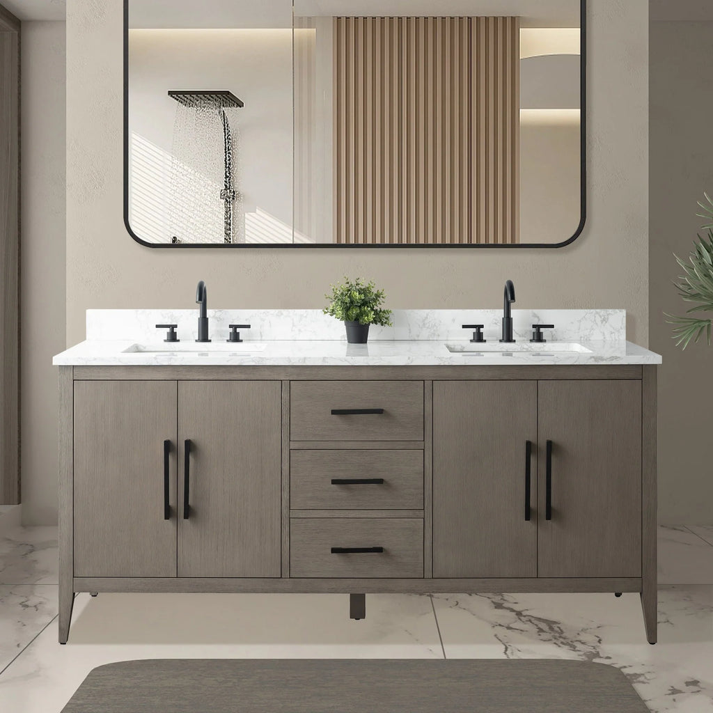 Mobile lavabo doppio Vanity Art 72 per bagno con piano in marmo composito