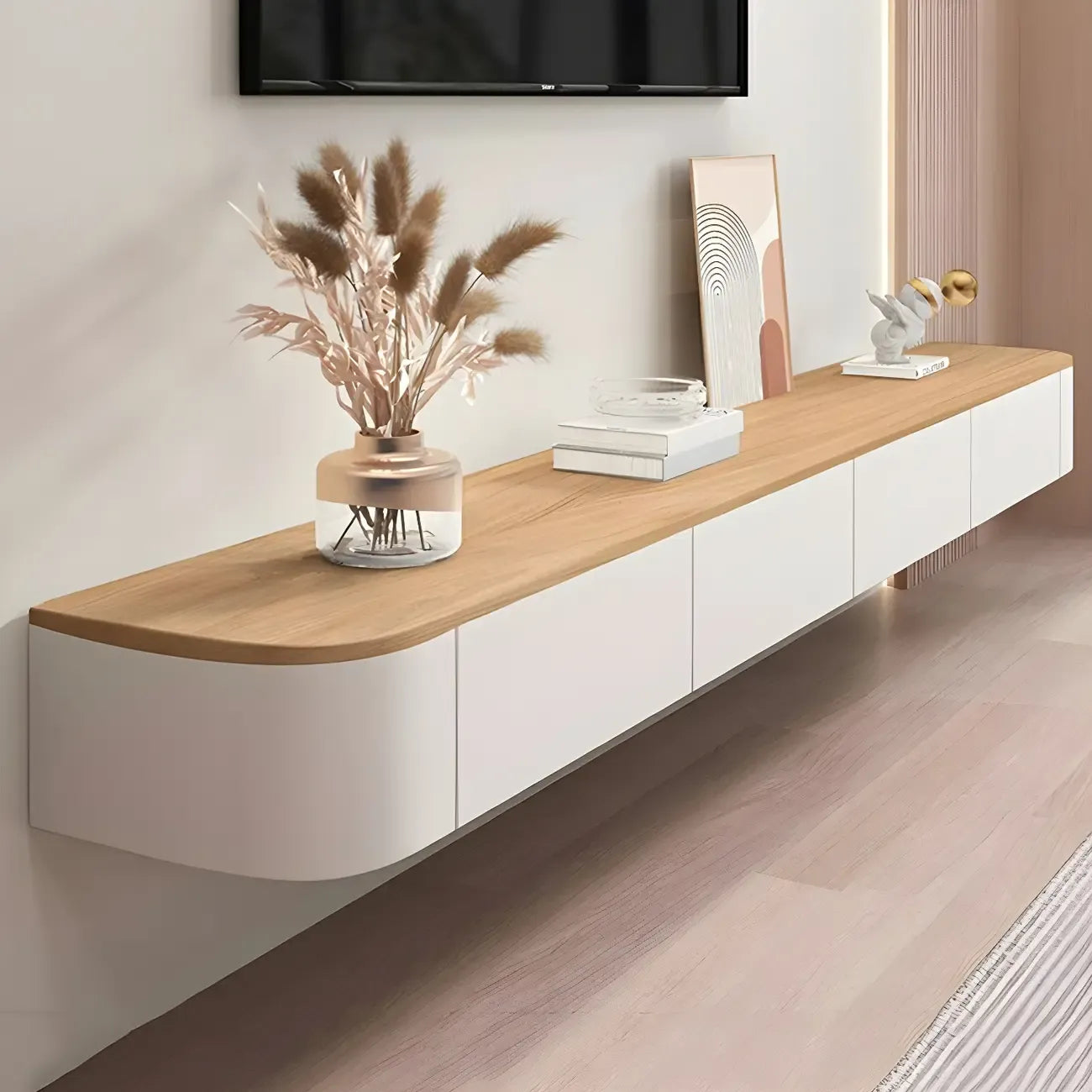 Mobile TV galleggiante contemporaneo in legno bianco con cassetti