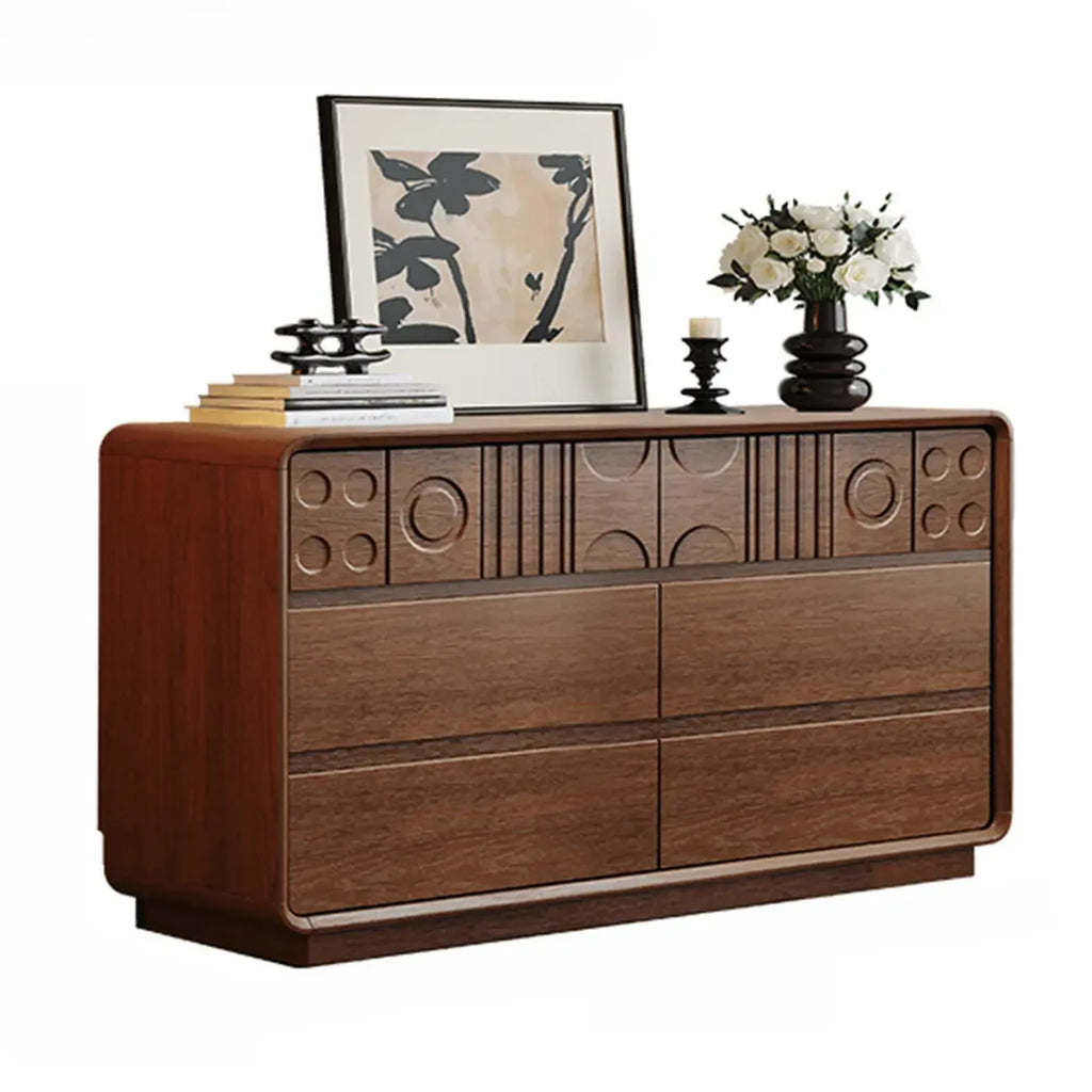 Cassettiera in legno ispirata all'Art Déco con intagli geometrici
