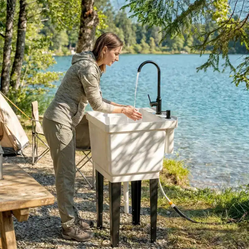 Lavatoio portatile con vasca, lavandino indipendente con rubinetto, dispenser sapone e tubi flessibili