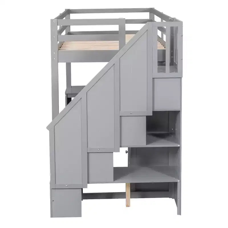 Letto a soppalco singolo con scrivania a L, 3 cassetti, armadio, contenitore per scale, struttura in pino massiccio/MDF