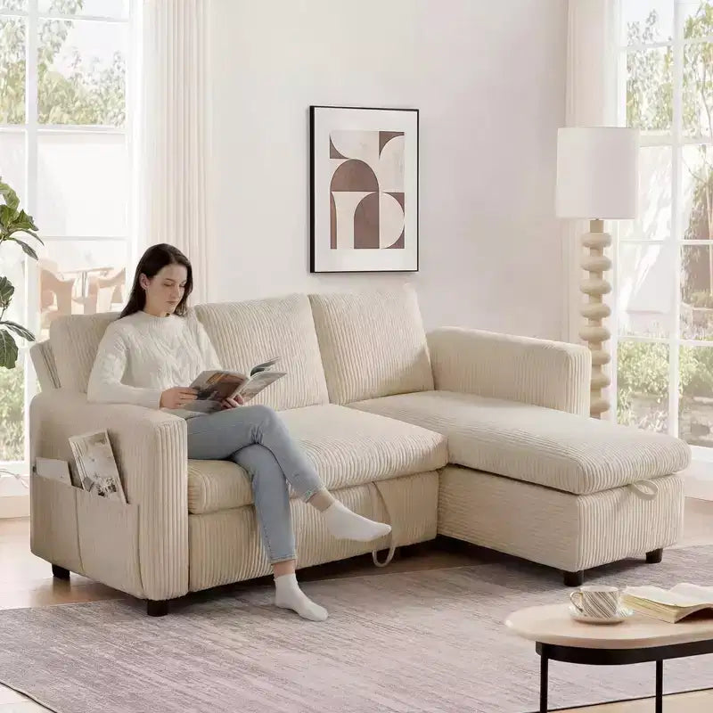 Divano Letto Estraibile 2 in 1 Dyonery con Chaise Longue Contenitore e USB, Divano Angolare in Velluto a Coste per Soggiorno