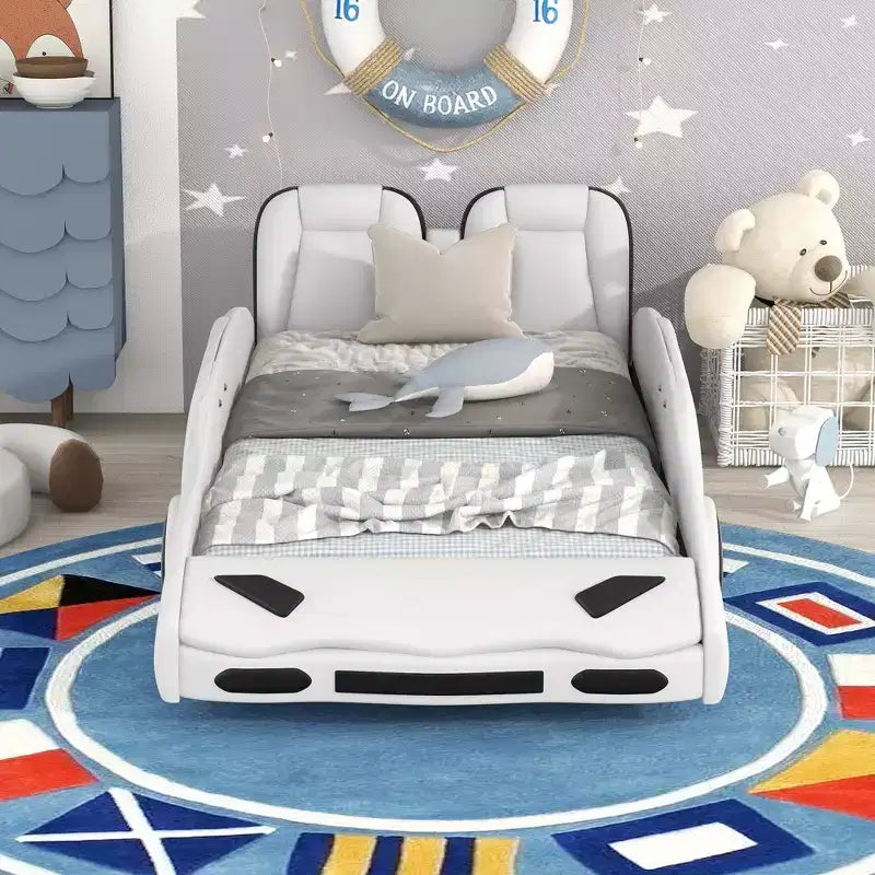 Letto a piattaforma a forma di auto da corsa Whisen Wood, formato singolo, con LED e schienale imbottito