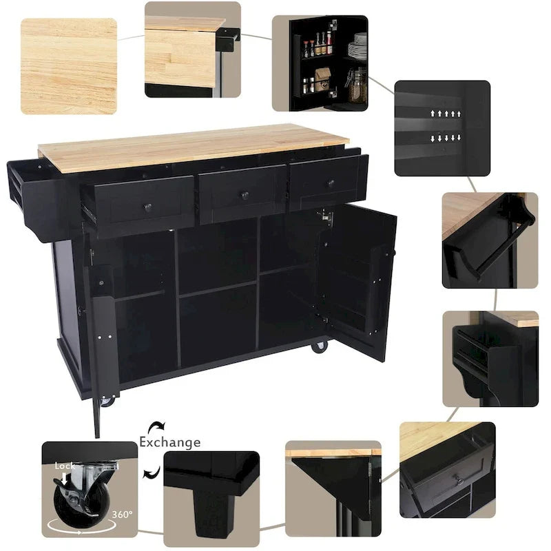 Carrello da Cucina con Piano a Ribalta in Legno di Gomma