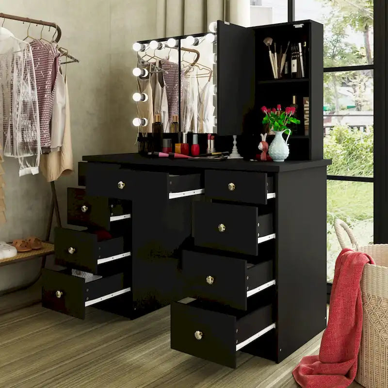 Lussuosa Toeletta da Trucco a LED con 9 Cassetti Elegante Postazione Trucco