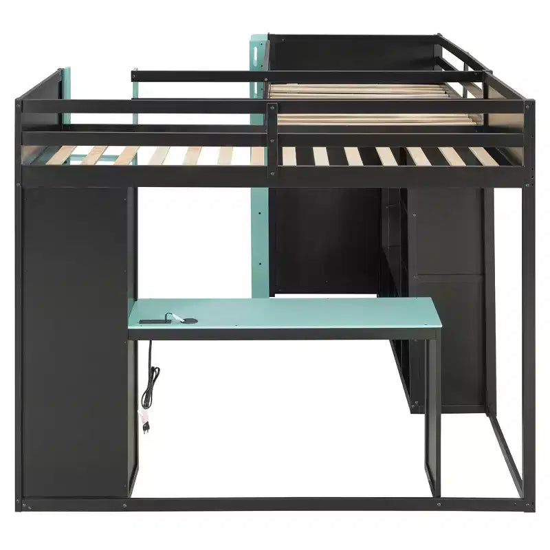 Letto a soppalco a L da gaming con scrivanie, letti a soppalco doppi con luci LED, porte USB, scaffali portaoggetti, letto a soppalco ad angolo in legno per 2