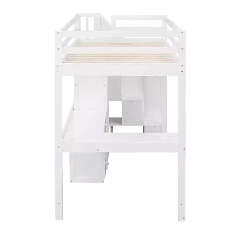 Letto a soppalco singolo con scrivania a L, 3 cassetti, armadio, contenitore per scale, struttura in pino massiccio/MDF