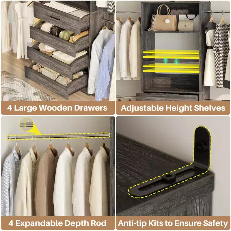 Besiost Sistema Organizer per Armadio in Legno 4-9 piedi con 4 Cassetti, 4 Aste Appendiabiti e Torri Scaffale