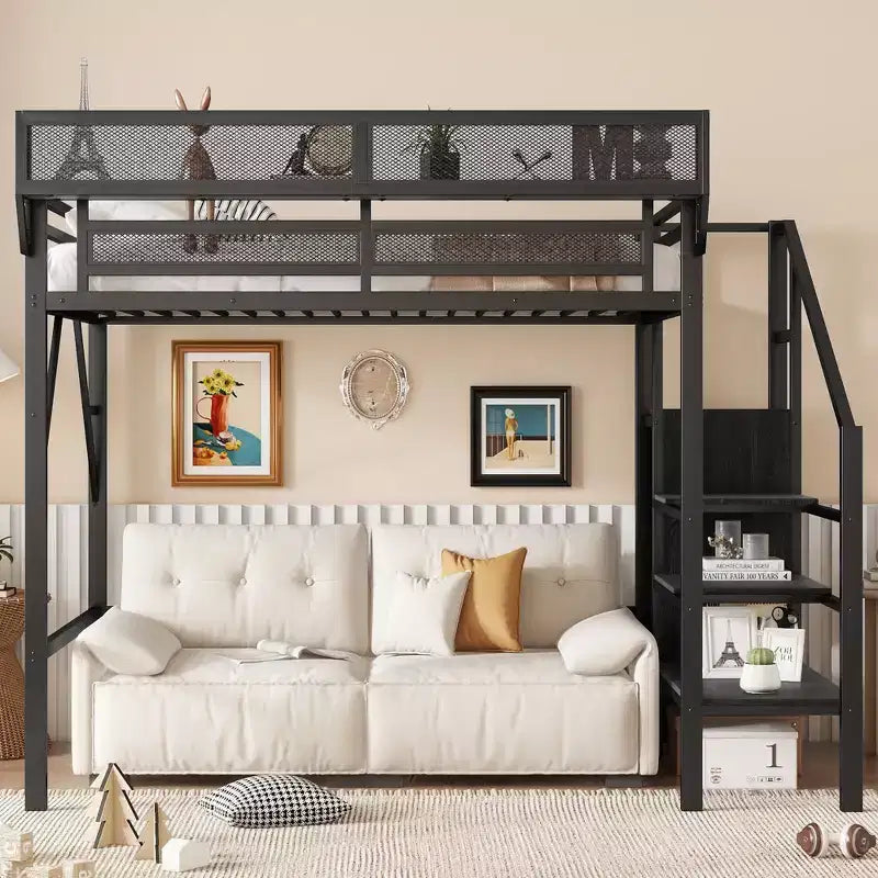 Okak 94IN Letto a soppalco singolo con armadio, letto singolo con ripiani portaoggetti e cestino, telaio letto per camera da letto, dormitorio