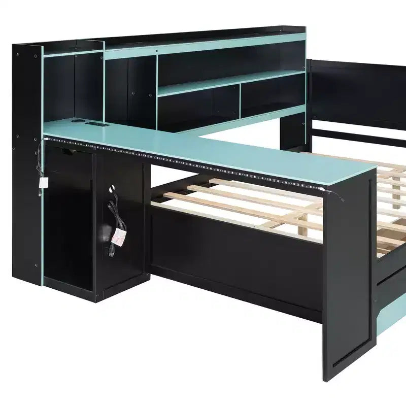 Letto a Giorno Gamer Hub con Scrivania, Luci RGB, Stazione di Ricarica, Cassetti e Testiera Libreria