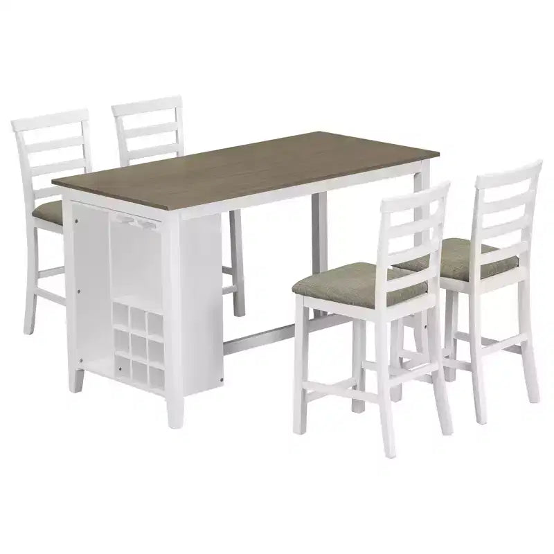 Set da pranzo da 5 pezzi in stile rustico ad altezza bancone con sedie per 4 persone, tavolo rettangolare in legno con ripiani e scomparto per bar/vino
