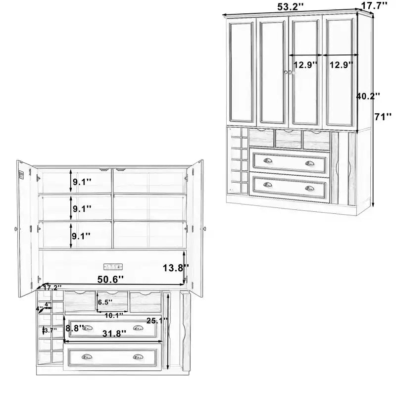 Whisen Armadio Dispensa per Cucina Autoportante Alto 180 cm, Grande Credenza Contenitore per Sala da Pranzo con 4 Ante Pieghevoli, Ripiani, Portabottiglie