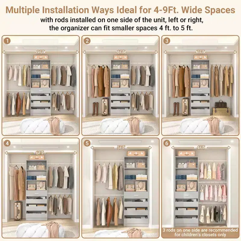 Besiost Sistema Organizer per Armadio in Legno 4-9 piedi con 4 Cassetti, 4 Aste Appendiabiti e Torri Scaffale
