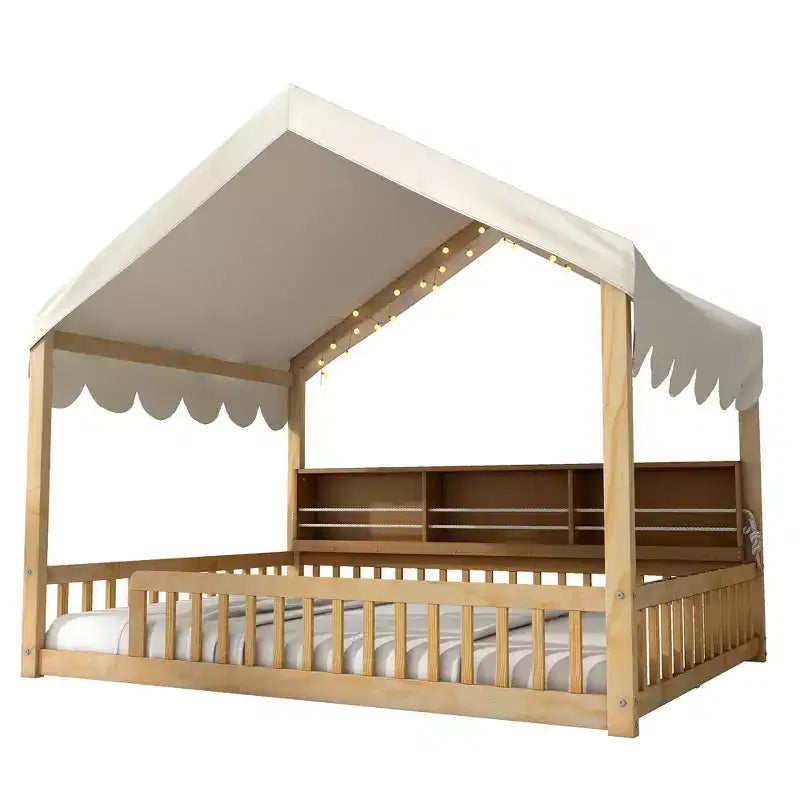 Whisen Letto a terra in legno a grandezza naturale, divano letto a forma di casetta con recinzione, 3 mensole portaoggetti, tenda