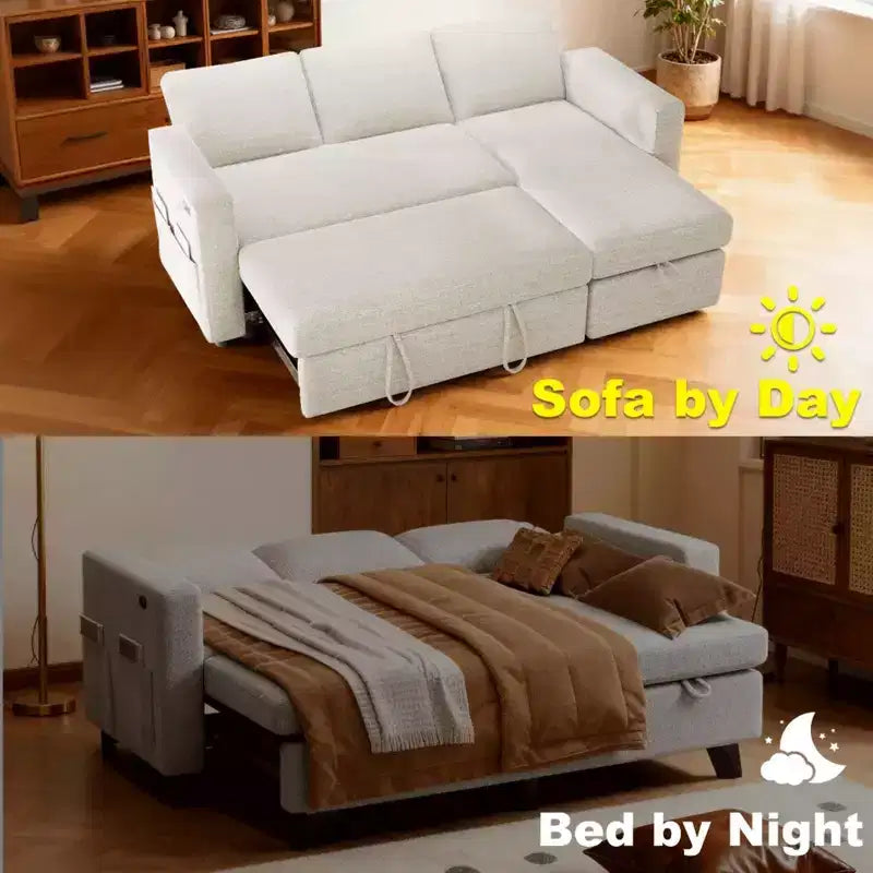 Divano Letto Estraibile 2 in 1 con Chaise Longue Contenitore, Divano Componibile in Ciniglia con Porte USB per Soggiorno