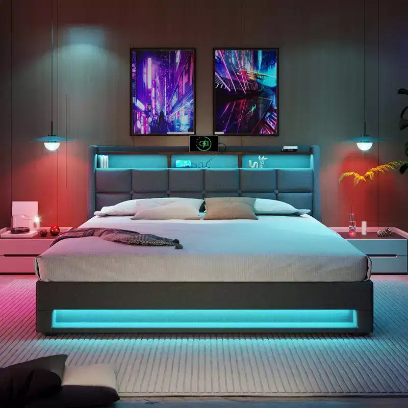 Letto Queen Size con Contenitore Idraulico, LED, USB, Testiera Imbottita, Nessuna Rete a Molle, Facile Montaggio