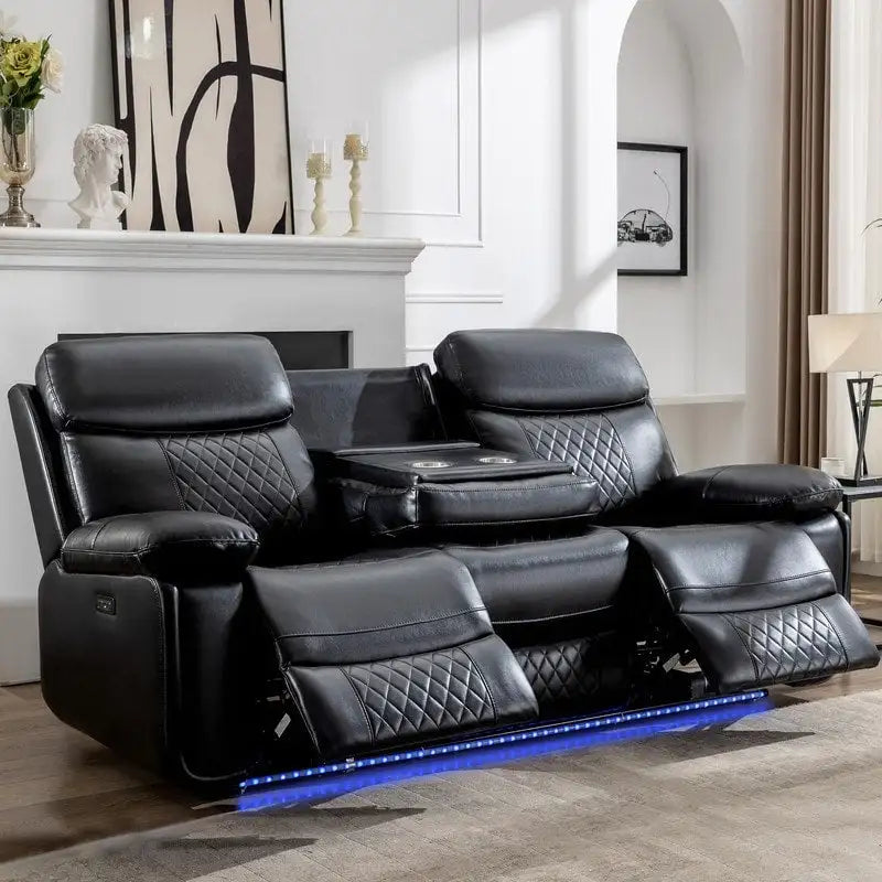 Divano reclinabile elettrico con caricabatterie wireless, luce di lettura, luce LED per soggiorno, similpelle, porta AC/USB, portabicchieri, nero
