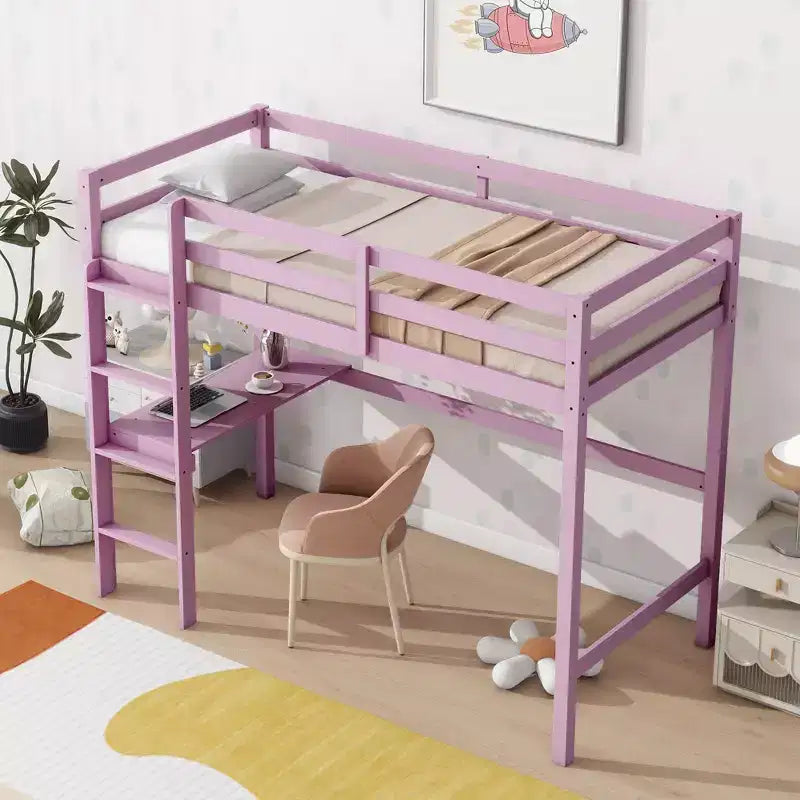 Letto a soppalco Okak Minimalism con scaletta, letto a soppalco singolo in legno di gomma con spondina di sicurezza e scrivania integrata, telai per letti per bambini, ragazzi