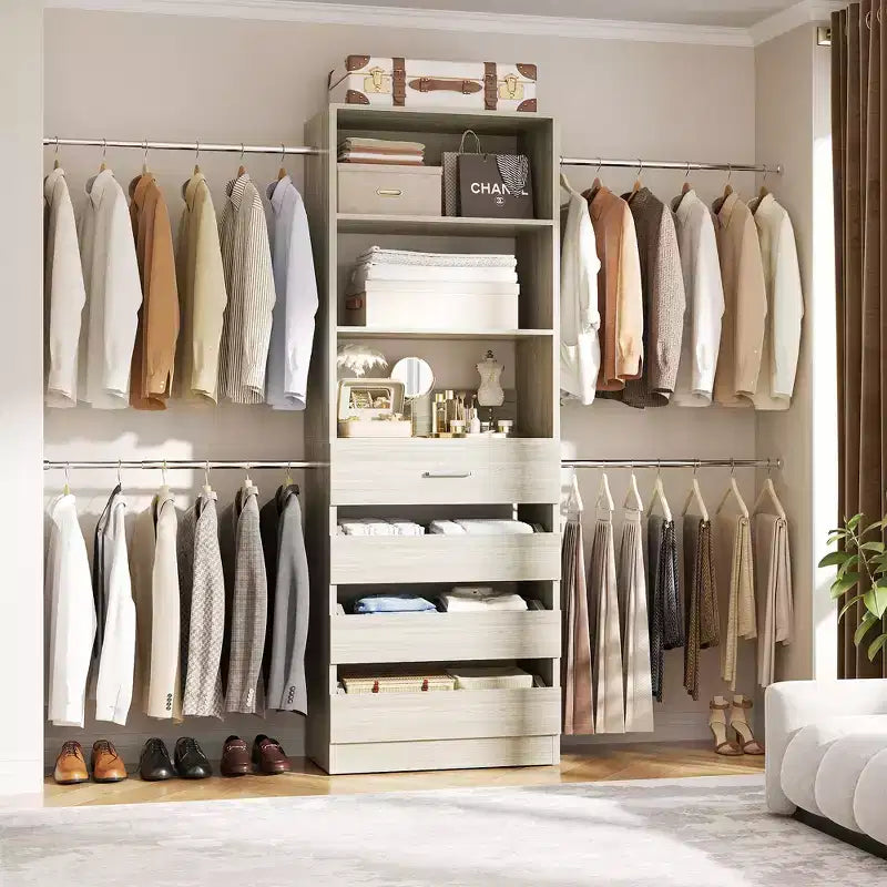 Besiost Sistema Organizer per Armadio in Legno 4-9 piedi con 4 Cassetti, 4 Aste Appendiabiti e Torri Scaffale